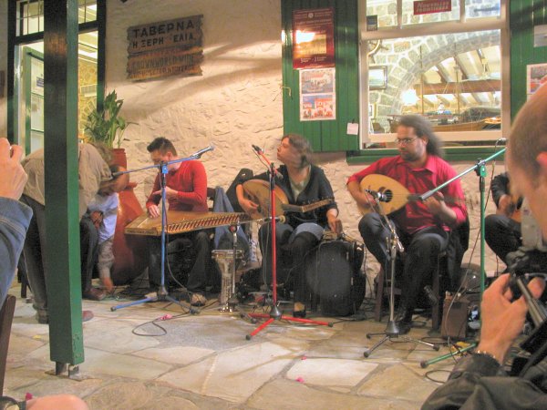 Band getting ready at the Douskos, Hydra, 2006.