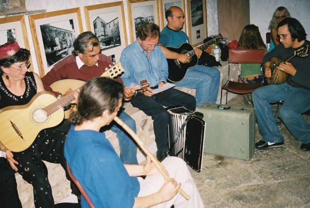 Musicians preparing to accompany Karaghiozis performance.